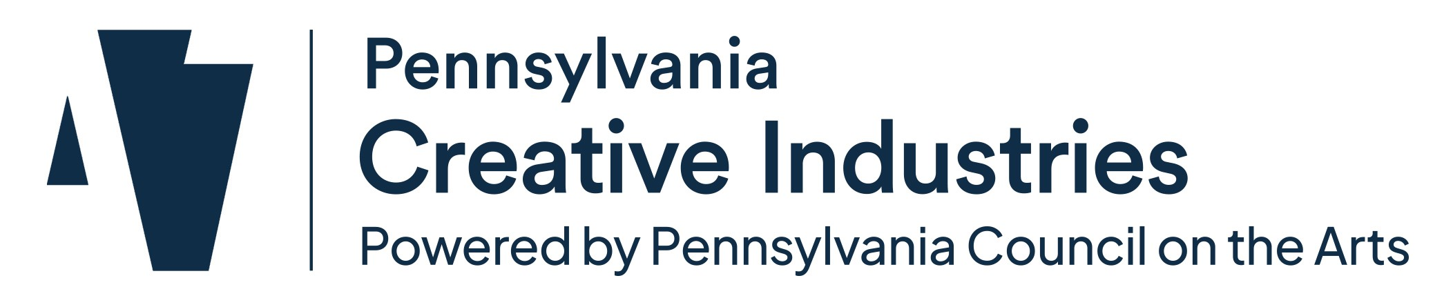 Logo for the Pennsylvania Council on the Arts. A blue keystone with a white letter "A" partially imposed on the left side.  Additional blue text to the right of the logo reads "Building stronger communities takes creativity.